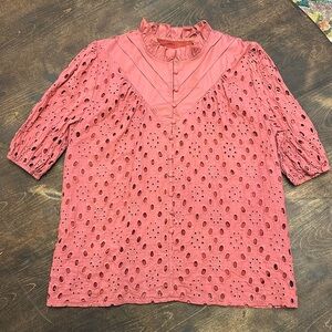 Burgundy lined, puff sleeve, lace top, Medium